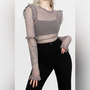 DISTURBIA ghosy grey sheer mourning ruffle long sleeve top 10/XL
